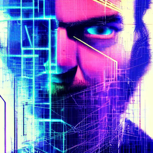 Image similar to hyperrealistic portrait of a cyberpunk man, adult man, long hair, immersed within a network, glitch eyes, by Guy Denning, Johannes Itten, Derek Gores, Russ Mills, glitch art, smooth lines, fine detail, polished, complex, hacking effects, holographic, digital tech effects, blue and violet, color blocking!, realistic, acrylic on canvas, concept art, abstract!, symmetrical, 8k, concept art, octane, photorealistic, cgsociety, trending on artstation