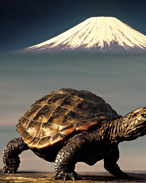 Prompt: photos of Gamera, the giant Turtle kaiju monster with an erupting Mount Fuji in the background, shot in the style of National Geographic, atmospheric, Japan, hyperreal