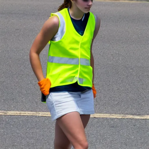 Image similar to emma watson in a hi vis vest picking up trash on the side of the interstate. 2 0 0 mm zoom, humidity haze, midday sun,