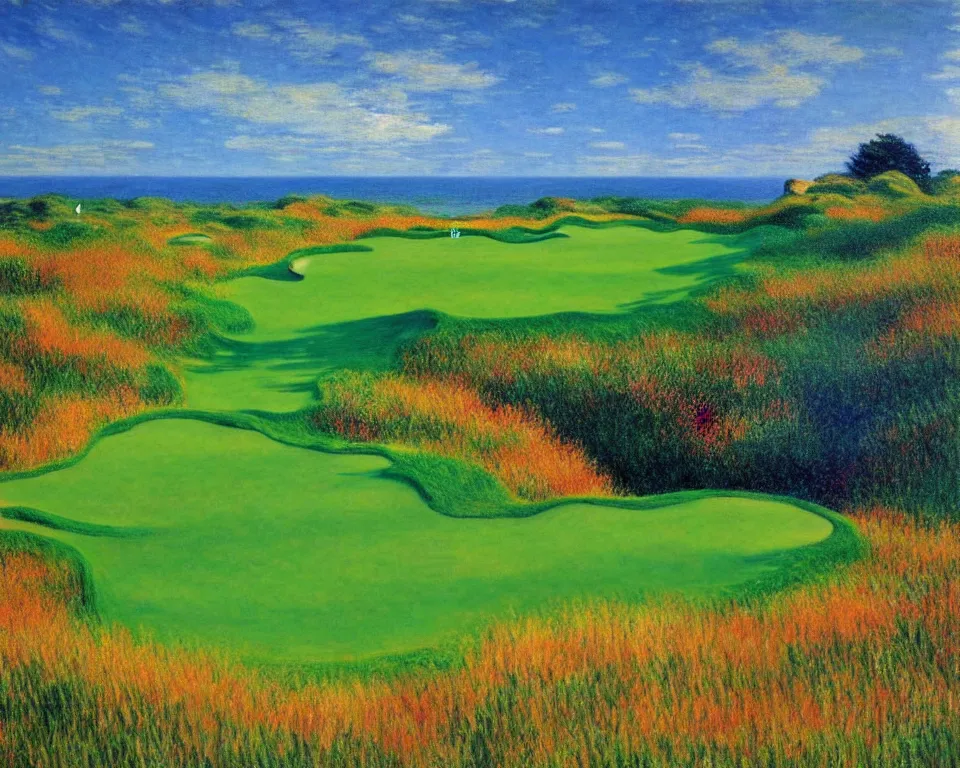 Image similar to achingly beautiful painting of pacific dunes golf course by rene magritte, monet, and turner.