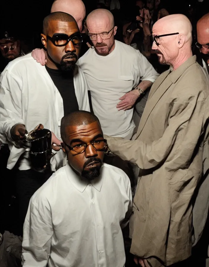 Prompt: Walter White chatting with Kanye West in a club, bad quality, phone photo, leaked photo, paparazzi photo, realistic, 720p