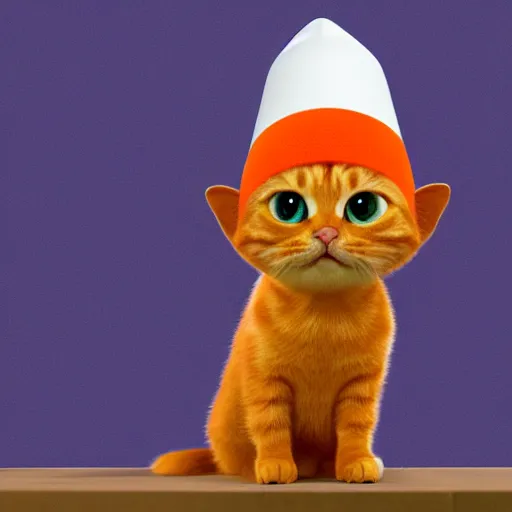 Prompt: orange tabby cat wearing a white dunce cap, cgi pixar