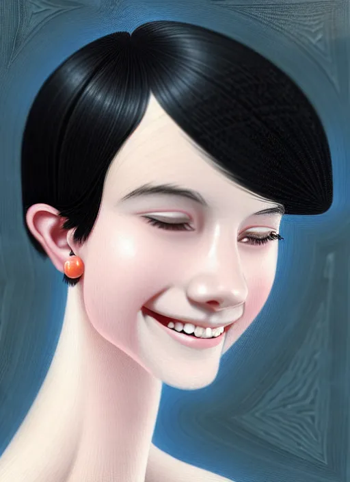 Image similar to portrait of teenage girl, narrow face, short black hair, bangs, half updo hairstyle, skinny, big nose, smile, unattractive, defined jawline, long chin, wearing hair bow, earrings, intricate, elegant, glowing lights, highly detailed, digital painting, artstation, sharp focus, illustration, art by wlop, mars ravelo and greg rutkowski