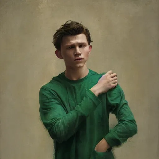 Image similar to attractive tom holland wearing green tunic by ruan jia, portrait