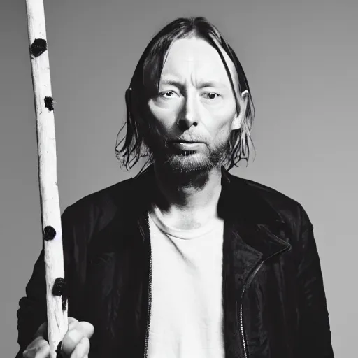 Image similar to Thom Yorke, Thom Yorke, Thom Yorke, holding the moon upon a stick, with a beard and a black jacket, a portrait by John E. Berninger, dribble, neo-expressionism, uhd image, studio portrait, 1990s