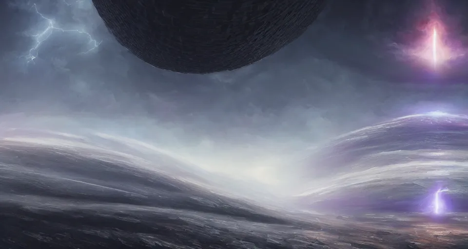 Prompt: a beaitiful painting of a distant dyson sphere close up, dramatic angle, epic cinematography,, curvature, epic composition, epic lighting, dark, completely original lightning and light sources,, cinematic angle, movie concept, trending on artstation, directed by stanley kubrick