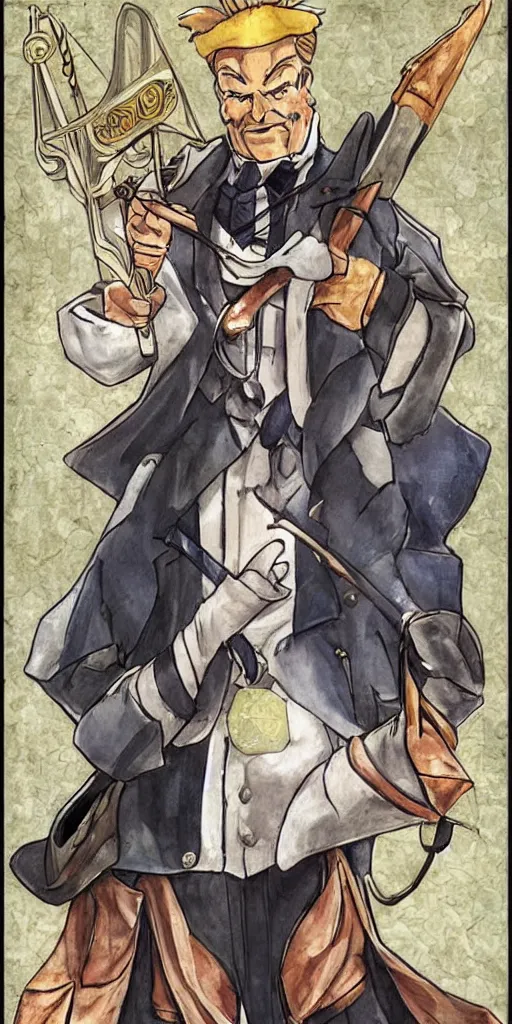 Image similar to the judge from Ace Attorney with a scale in one hand. Tarot card Justice, impressive art, detailed, singe subject