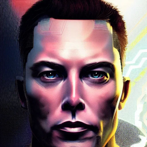 Prompt: looking at camera, ominous portrait of cyborg Elon Musk as a cyberpunk 2077 loading screen, symmetry, front view, intricate, studio, art by anthony macbain + greg rutkowski + alphonse mucha, concept art, 4k, sharp focus