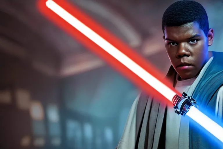 Prompt: Star Wars, full body, Finn played by John Boyega standing alone wearing jedi robes holding a lightsaber in heroic pose, ultra realistic, 4K, movie still, UHD, sharp, detailed, cinematic, render, Wide shot