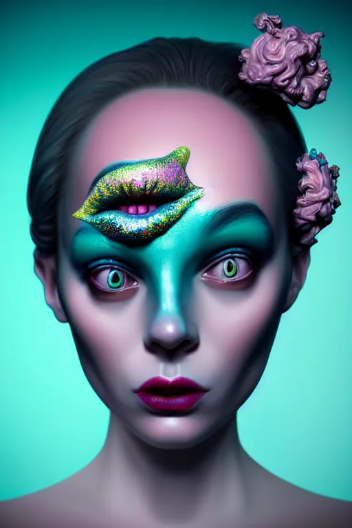 Image similar to neo-surrealist very detailed rococo close-up portrait of woman with iridescent eyes and pink mouth matte painting concept art key sage very dramatic dark teal lighting side angle hd 35mm shallow depth of field 8k