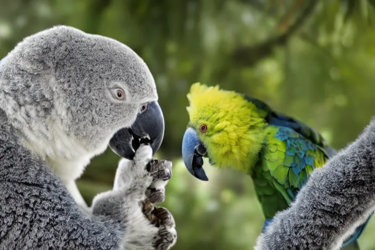 Prompt: award winning nature photograph of a parrot's beak on a cuddly koala in a tree. the koala is eating a eucalyptus leaf. focus on the beak. extreme detail, hyperrealistic photo, smooth, trending on artstation