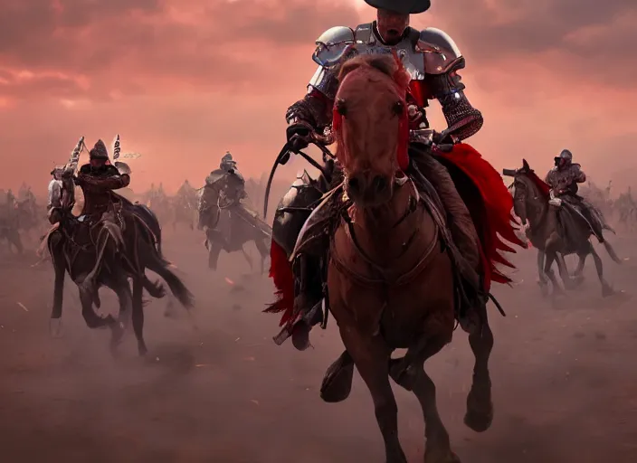 Prompt: cinematic shot of cowboy outriders on horseback wearing suits of armor and cowboy hats fighting with swords in battle against enemies in red armor by Greg Rutkowski, 4k, masterpiece