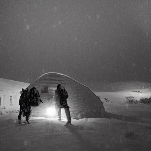 Prompt: a group of people is stuck in a hut while outside there’s a strong snowstorm, cinematic, movie still, film, movie, 35mm, award winning photography