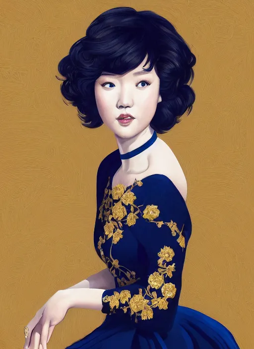 Image similar to full - length portrait of a park so - dam, dressed in a navy blue gown with gold embroidered details, golden brown hair, detailed face, fantasy, cinematic lighting, digital art painting, fine details by realistic shaded lighting poster by ilya kuvshinov katsuhiro otomo, magali villeneuve, artgerm, jeremy lipkin and michael garmash and rob rey