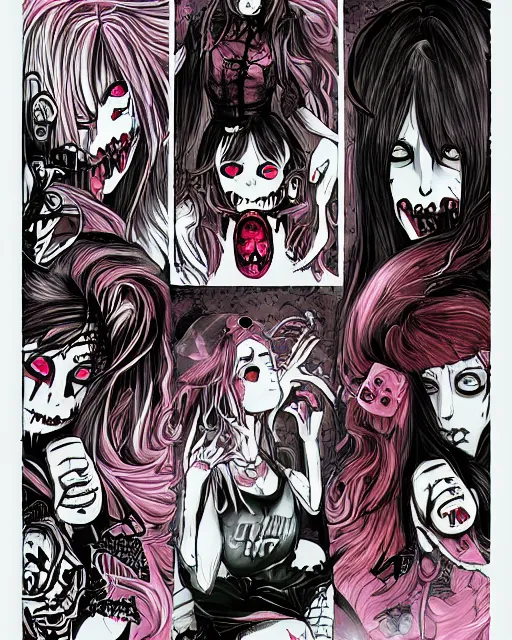 Image similar to horror acid colors, a dark picture comic featuring blood horror and goth anime girls, anime vampires, evil horror vibes