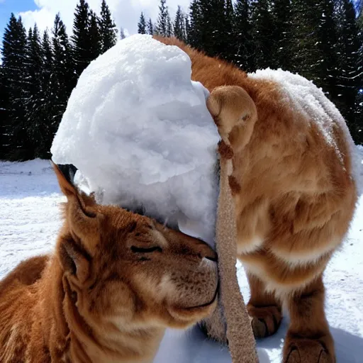 Prompt: snow cat sending kiss to snow camel