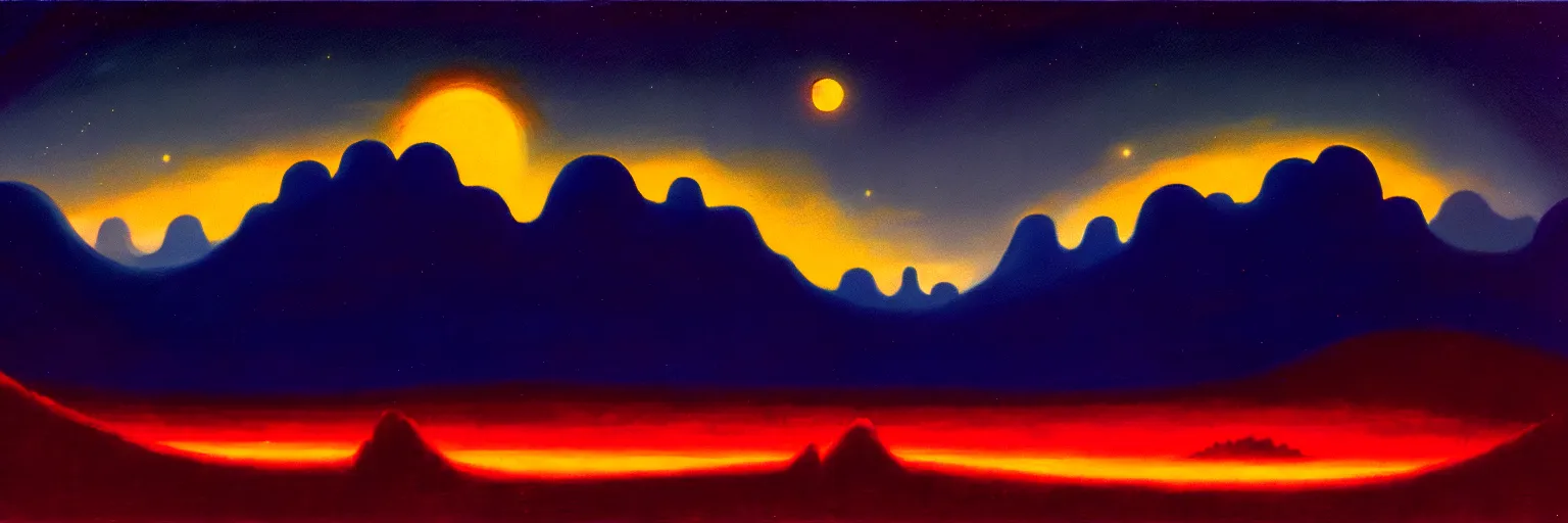 Image similar to cartoon paul lehr narrow night landscape with farawaymountains dark blue tones