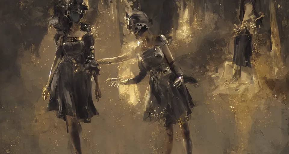 Image similar to craig mullins and ghibli digital art of stage, masked female violinists, solo performance ， exotic costumes, gold jewelry, black hair, realistic shading, cinematic composition, realistic render, octane render, detailed textures, photorealistic, wide shot