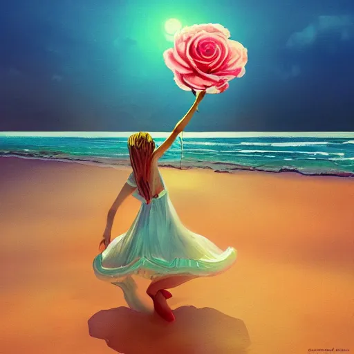 Prompt: portrait, giant rose flower head, girl dancing at the beach, surreal photography, sunrise, blue sky, dramatic light, impressionist painting, digital painting, artstation, simon stalenhag