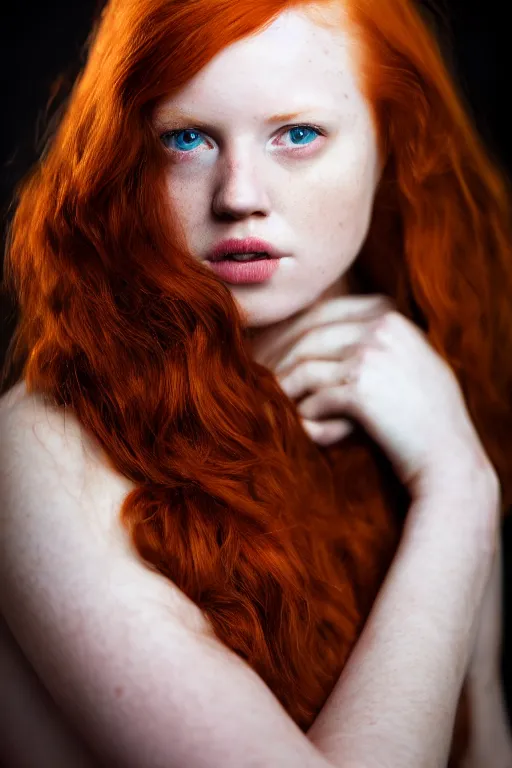 Image similar to intense portrait of a redheaded huntress, age 23, by jake hicks, by michael malm, 55mm, f/1.2, cinematic lighting, dark background