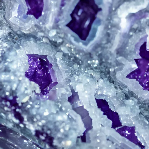 Prompt: close-up photograph of a purple crystal geode, stunning detail, very beautiful, studio lighting, 50mm lens