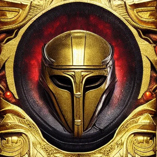 Image similar to “portrait of a spartan helmet battle damaged gold red crest dark night artwork detailed intricate”