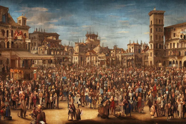 Image similar to cell shaded key visual of a renaissance city square, crowds of people, dramatic lighting