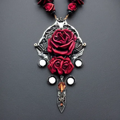 Image similar to vampire queen on throne with burgundy roses and holes with gemstones as an artnouveau necklace