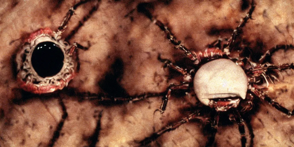 Image similar to filmic extreme closeup dutch angle movie still 4k UHD interior 35mm film color photograph of a detached human head with spider legs protruding out of it crawling acrosss he floor, in the style of a horror film The Thing 1982