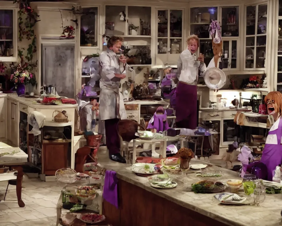 Image similar to barney hosts a cooking show, scene from a horror movie