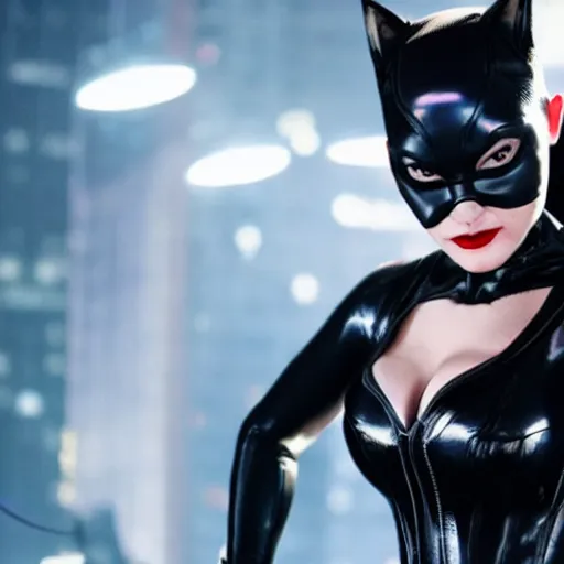 Image similar to real-life Catwoman, cinematic, Wide-shot, atmospheric lighting, directed by Quentin Tarantino, extreme detail, 8K, movie still