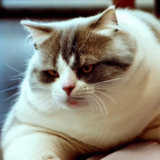 Image similar to obese cat with many rolls of body fat, close up, kodak gold 2 0 0,