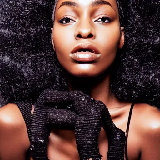 Prompt: Close up of a beautiful black female fashion model with huge hair wearing an edgy black dress in room of mirrors, photography ,vogue magazine editorial , highly detailed