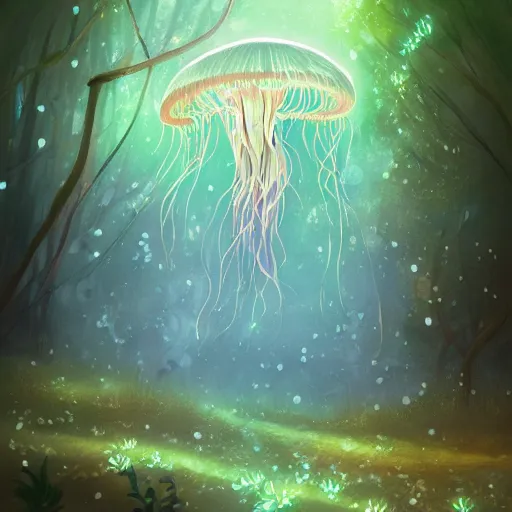 Image similar to a magical forest filled with floating glowing jellyfish, concept art, digital painting, deviantart, artstation