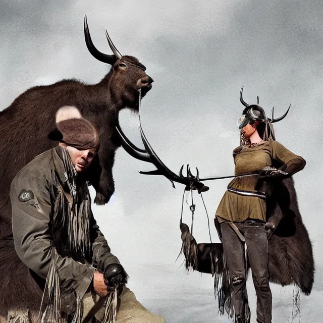 Prompt: incredible modern evocative sentimental artwork of buffalo hunters, buffalo emotion midnight in the style of tim walker fashion photography, buffalos hunting hunters, larger than life