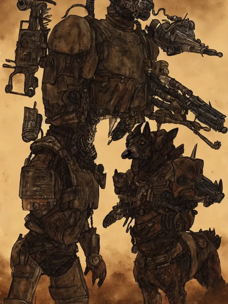 Image similar to a good ol'hound dog fursona ( from the furry fandom ), heavily armed and armored facing down armageddon in a dark and gritty version from the makers of mad max : fury road. witness me.