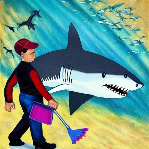 Prompt: Shark Janitor, masterpiece painting