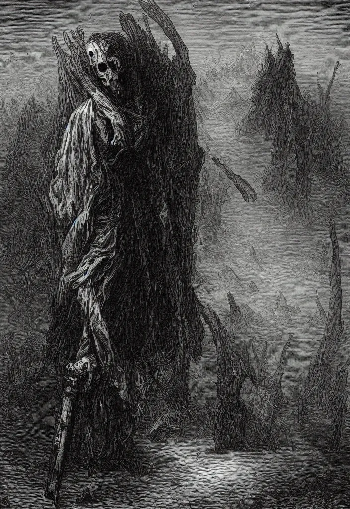 Image similar to black metal logo that reads steelbarrel, creepy atmosphere, dark, portrait, very realistic, illustration by gustave dore