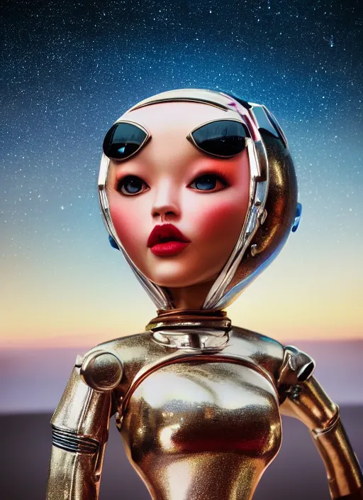 Image similar to closeup portrait of tin toy bikini spacegirl in a spaceship on venus, depth of field, zeiss lens, detailed, symmetrical, centered, fashion photoshoot, by nicoletta ceccoli, mark ryden, lostfish, breathtaking, 8 k resolution, extremely detailed, beautiful, establishing shot, artistic, hyperrealistic, octane render