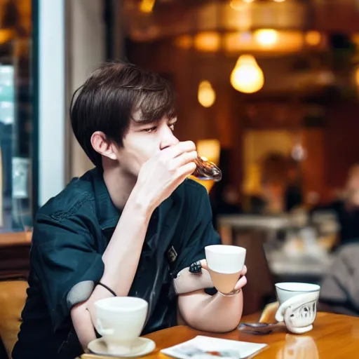 Image similar to an actual picture of byun baekhyun drinking tea in a cafe in downtown new york, photography, 5 0 mm, kodak, uhd 8 k, motion blur,