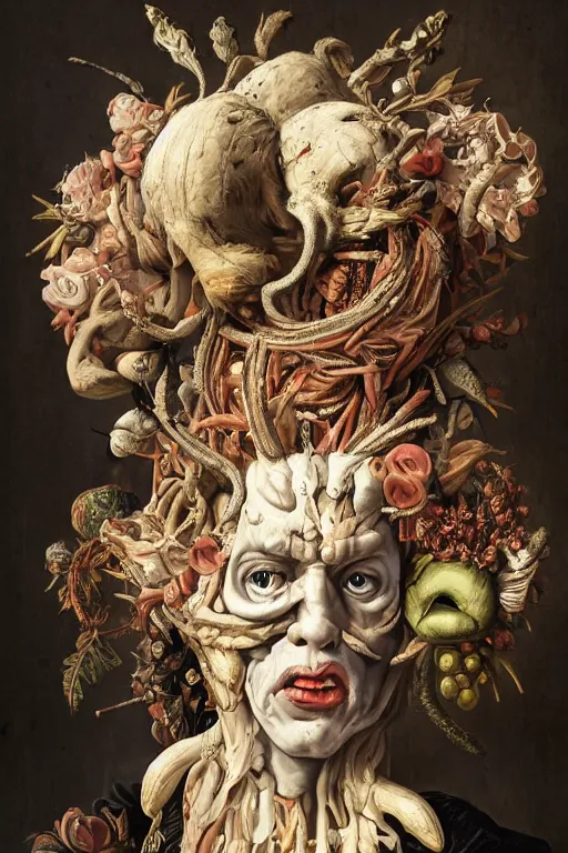 Image similar to Detailed maximalist portrait a Greek god with large white eyes and an angry face, fleshy body, botany, HD mixed media 3d collage, highly detailed and intricate, surreal illustration in the style of Caravaggio, dark art, baroque