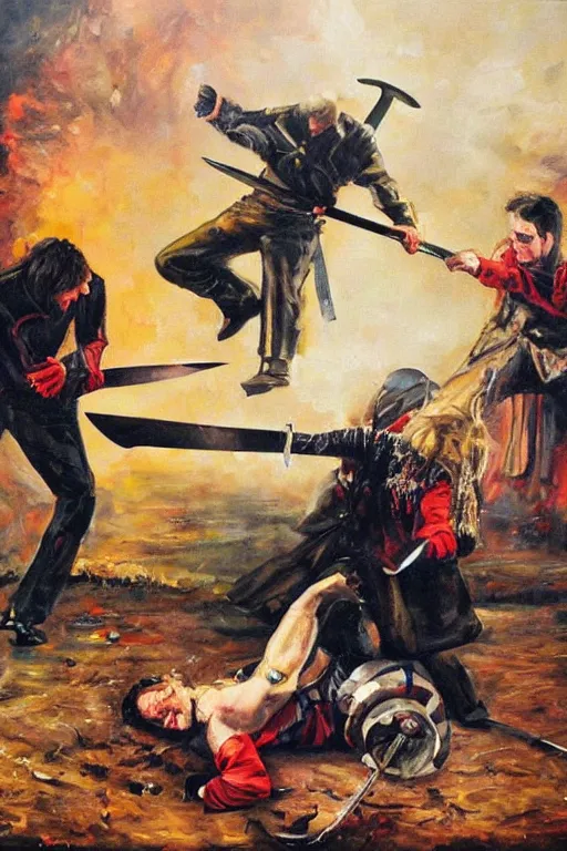 Image similar to dramatic oil painting of bill drummond fighting julian cope with swords