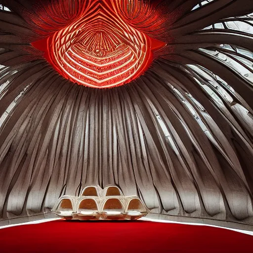 Prompt: interior of a futuristic lotus temple with gold, red and white marble panels, shafts of sunlight in the centre, in the desert, by h r giger, intricate contemporary architecture with art nouveau motifs, photo journalism, photography, cinematic, national geographic photoshoot