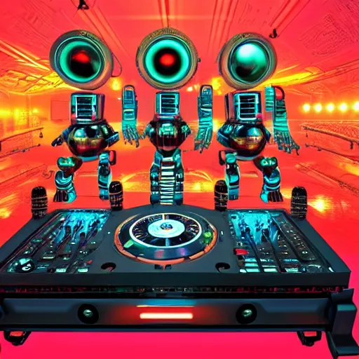 Image similar to album art, text : roborock, 3 steampunk spaced out robots on a dj desk with a cd mixer, 8 k, flourescent colors, halluzinogenic, multicolored, exaggerated detailed, front shot, 3 d render, octane