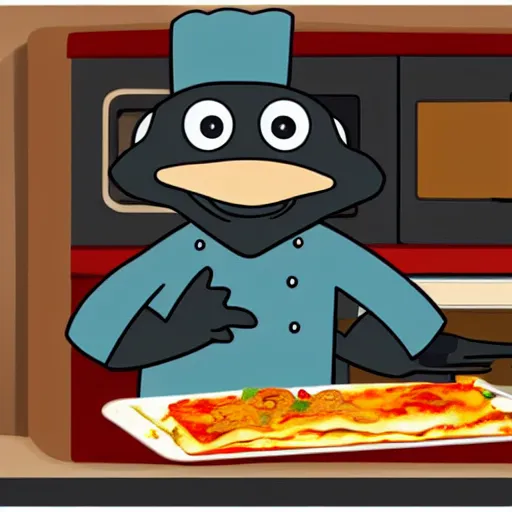 Image similar to cute platypus on a kitchen wearing a chef hat and holding a lasagna into an oven, digital art