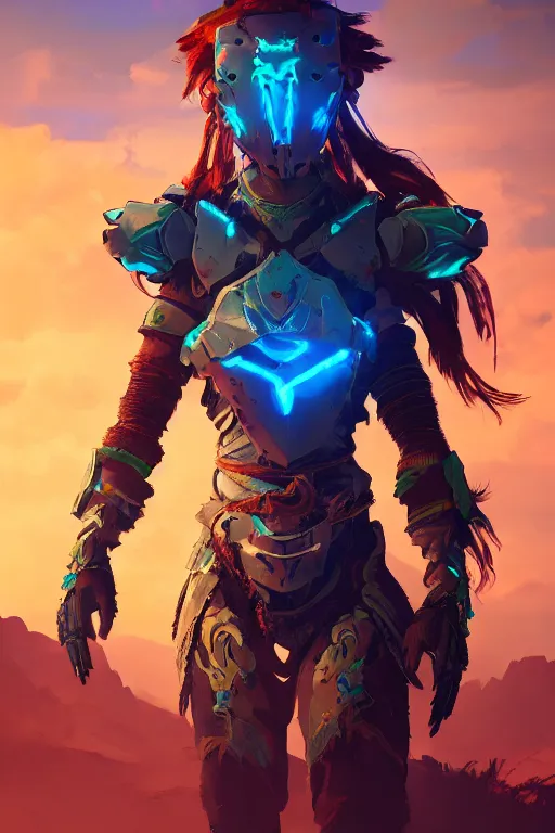 Image similar to combination suit armor aloy horizon forbidden west horizon zero dawn radiating a glowing aura global illumination ray tracing hdr fanart arstation by ian pesty and alena aenami artworks in 4 k tribal robot ninja mask helmet backpack