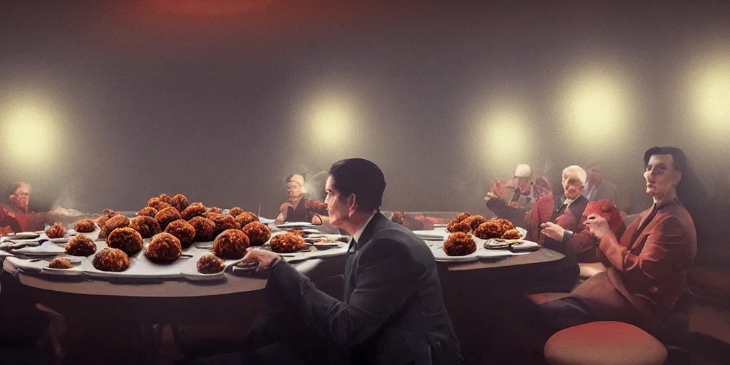 Image similar to Twin peaks but Dale Cooper is eating a pile of meatballs in the black lodge with laura palmer, Greg Rutkowski, Darek Zabrocki, Karlkka, Jayison Devadas, Phuoc Quan, trending on Artstation, 8K, ultra wide angle, pincushion lens effect.