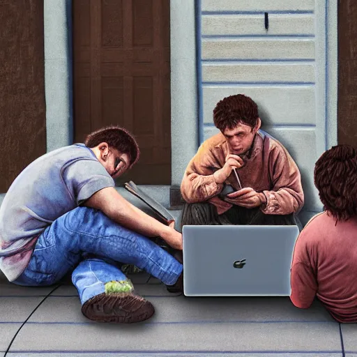 Image similar to a group of realistic bums using laptops near on street, highly detailed, intricate, sharp focus, digital art, 8 k
