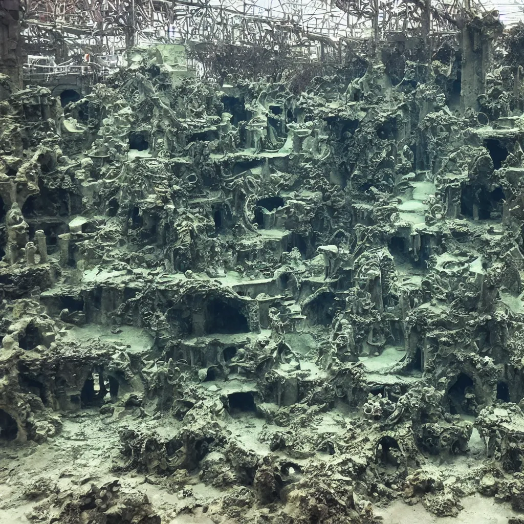 Image similar to Atlantis, submarine city, antique, ruined, destroyed, algae, monstruous fish, Léviathan