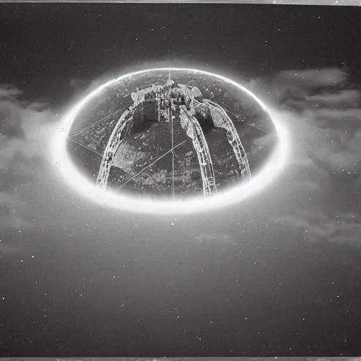 Prompt: old photograph from a strange alien city, hollow earth, black and white